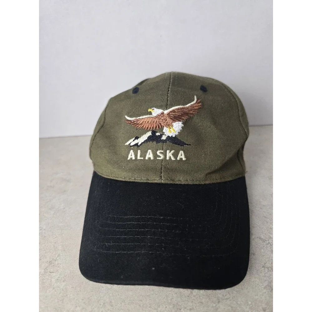 Vintage Alaska Snapback Hat Olive Green Black Embroidered Eagle Military Trucker
